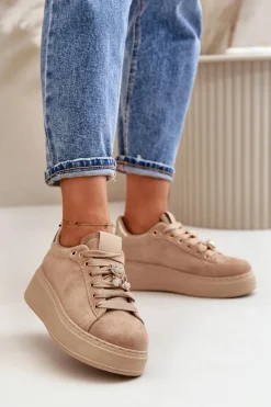 Sale Sneakersy Damskie Na Platformie Z Misiem Beżowe Vailina Damskie Buty Sportowe Na Platformie|Sneakersy Damskie