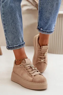 Sale Sneakersy Damskie Na Platformie Z Misiem Beżowe Vailina Damskie Buty Sportowe Na Platformie|Sneakersy Damskie