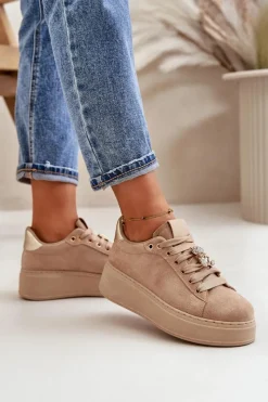 Sale Sneakersy Damskie Na Platformie Z Misiem Beżowe Vailina Damskie Buty Sportowe Na Platformie|Sneakersy Damskie