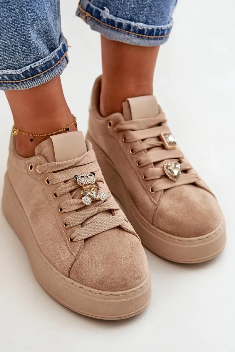 Sale Sneakersy Damskie Na Platformie Z Misiem Beżowe Vailina Damskie Buty Sportowe Na Platformie|Sneakersy Damskie