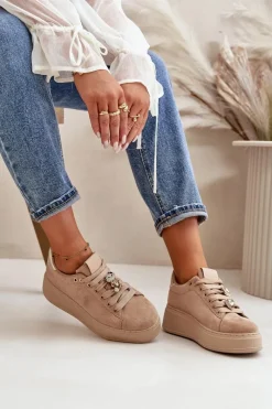 Sale Sneakersy Damskie Na Platformie Z Misiem Beżowe Vailina Damskie Buty Sportowe Na Platformie|Sneakersy Damskie