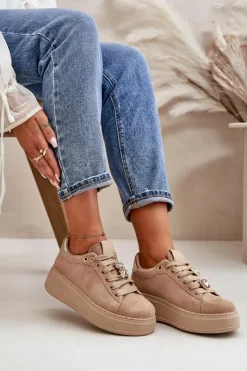 Sale Sneakersy Damskie Na Platformie Z Misiem Beżowe Vailina Damskie Buty Sportowe Na Platformie|Sneakersy Damskie