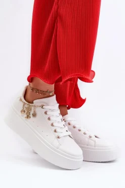 New Sneakersy Damskie Na Platformie Z Zawieszkami Białe Tivissa Damskie Buty Sportowe Na Platformie|Sneakersy Damskie