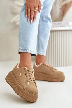 Sneakersy Damskie>Boto Sneakersy Damskie Ocieplane Na Masywnej Podeszwie Ze Złotym Detalem Brązowe Lotira