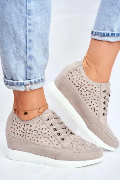 Best Sneakersy Damskie Sergio Leone Ażurowe Szare PB122 Damskie Sneakersy Damskie
