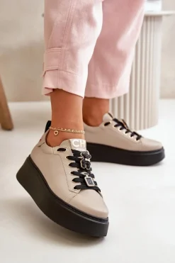 Buty Sportowe Na Platformie>CheBello Sneakersy Damskie Skórzane Z Przypinkami Na Platformie 4596 Beżowe