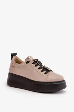 Buty Sportowe Na Platformie></noscript>CheBello Sneakersy Damskie Skórzane Z Przypinkami Na Platformie 4596 Beżowe