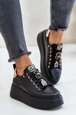 Buty Sportowe Na Platformie>CheBello Sneakersy Damskie Skórzane Z Przypinkami Na Platformie 4596 Czarne