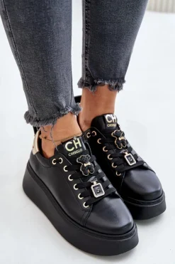 Buty Sportowe Na Platformie></noscript>CheBello Sneakersy Damskie Skórzane Z Przypinkami Na Platformie 4596 Czarne