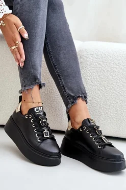 Buty Sportowe Na Platformie></noscript>CheBello Sneakersy Damskie Skórzane Z Przypinkami Na Platformie 4596 Czarne