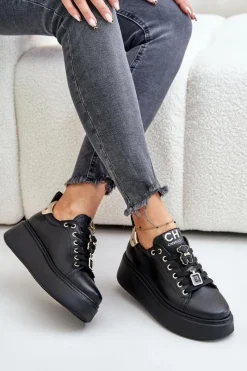 Buty Sportowe Na Platformie></noscript>CheBello Sneakersy Damskie Skórzane Z Przypinkami Na Platformie 4596 Czarne