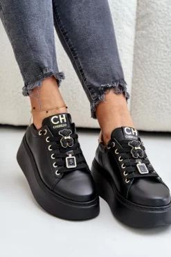 Buty Sportowe Na Platformie></noscript>CheBello Sneakersy Damskie Skórzane Z Przypinkami Na Platformie 4596 Czarne