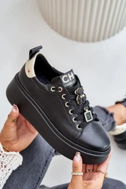 Buty Sportowe Na Platformie></noscript>CheBello Sneakersy Damskie Skórzane Z Przypinkami Na Platformie 4596 Czarne