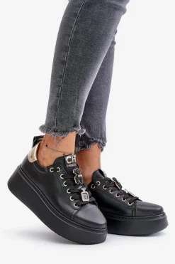 Buty Sportowe Na Platformie></noscript>CheBello Sneakersy Damskie Skórzane Z Przypinkami Na Platformie 4596 Czarne