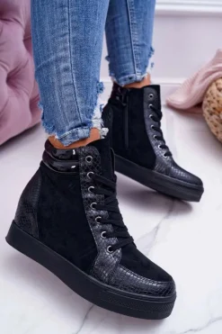 Sneakersy Damskie>Boto Sneakersy Damskie Ukryty Koturn Czarne Ferrer