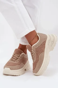 Sneakersy Damskie Z Cyrkoniami I Futerkiem Typu Baranek Beżowe Zarika Damskie Buty Sportowe Na Platformie|Sneakersy Damskie