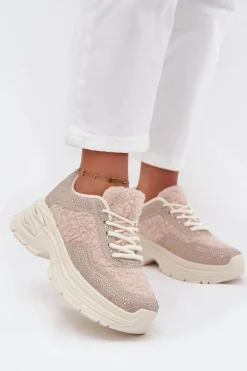 New Boto Sneakersy Damskie Z Cyrkoniami I Futerkiem Typu Baranek Jasnobeżowe Zarika Beżowy