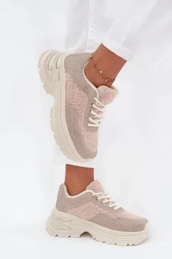 New Boto Sneakersy Damskie Z Cyrkoniami I Futerkiem Typu Baranek Jasnobeżowe Zarika Beżowy