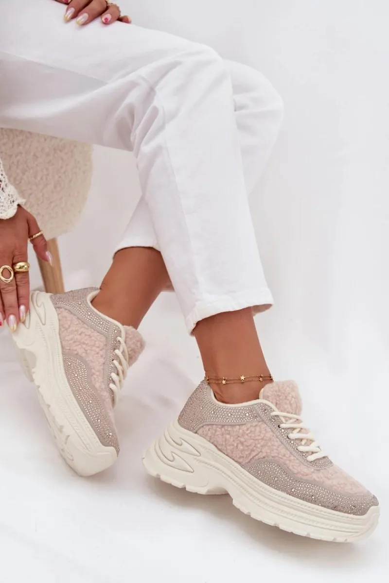 New Boto Sneakersy Damskie Z Cyrkoniami I Futerkiem Typu Baranek Jasnobeżowe Zarika Beżowy