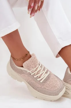 New Boto Sneakersy Damskie Z Cyrkoniami I Futerkiem Typu Baranek Jasnobeżowe Zarika Beżowy