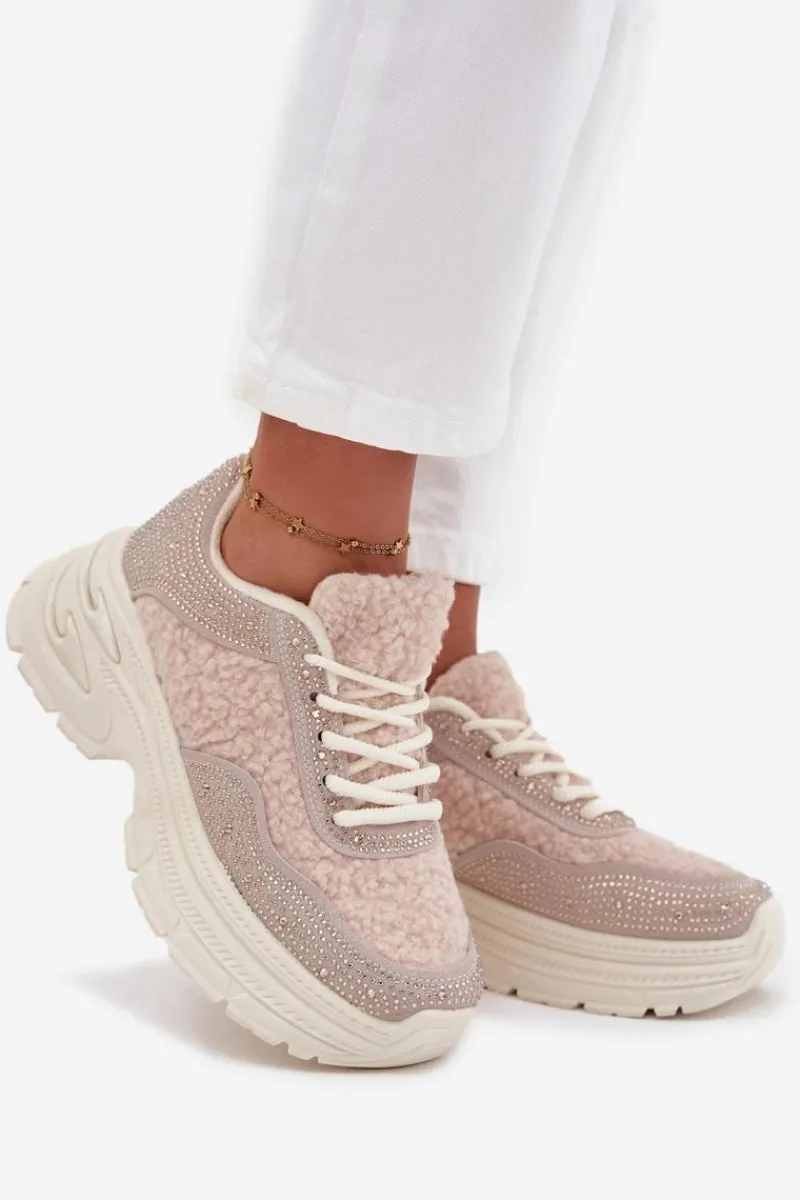 New Boto Sneakersy Damskie Z Cyrkoniami I Futerkiem Typu Baranek Jasnobeżowe Zarika Beżowy