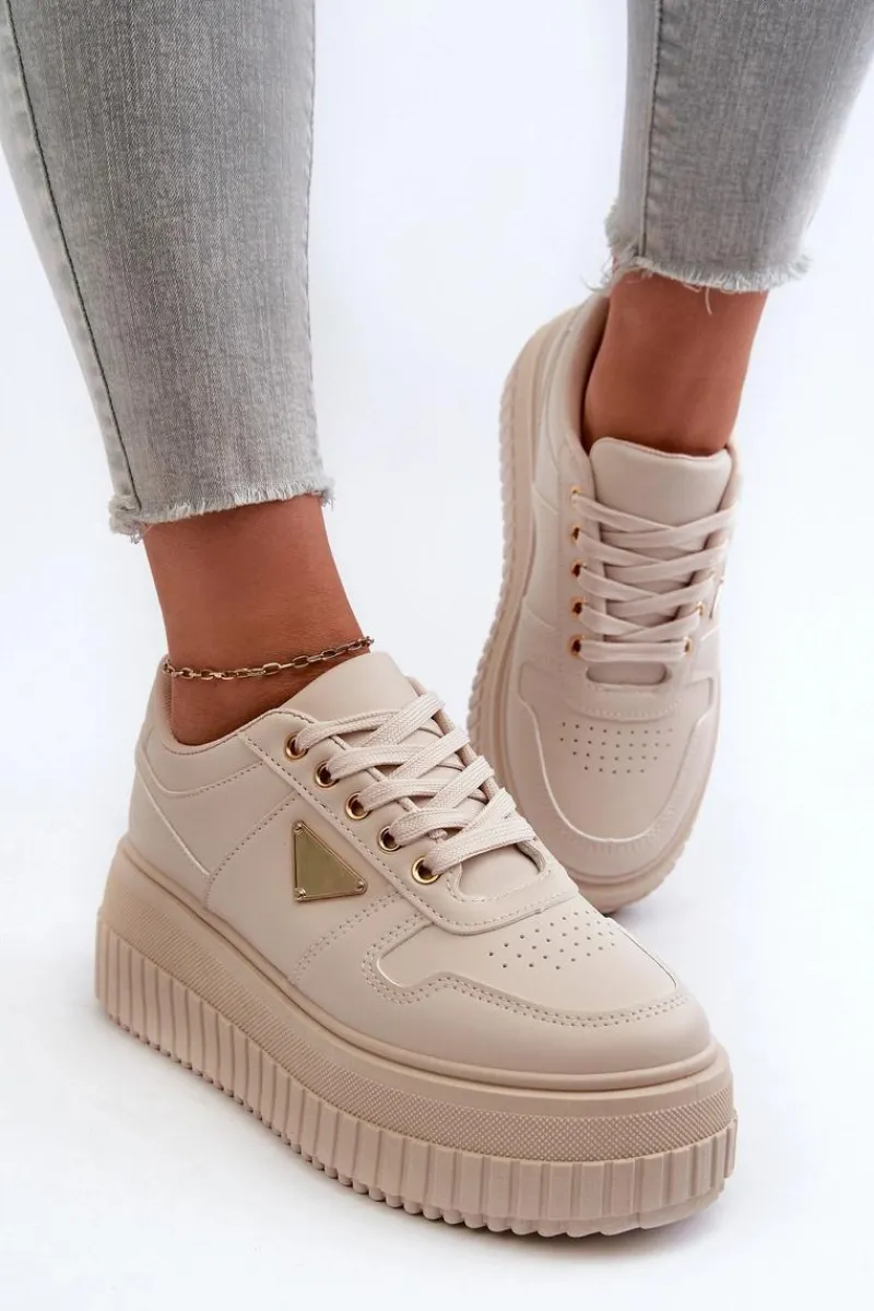 Sneakersy Damskie>Boto Sneakersy Damskie Z Eko Skóry Na Masywnej Platformie Jasnobeżowe Chrisstin