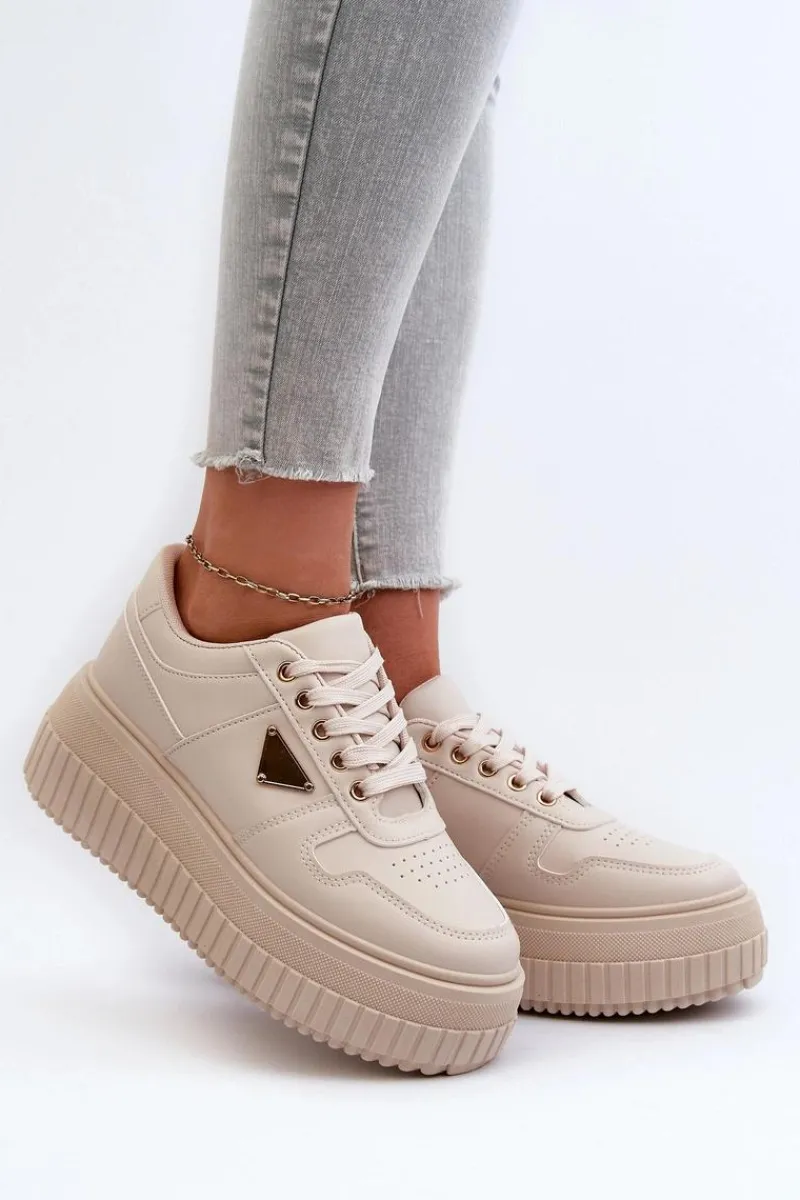 Sneakersy Damskie>Boto Sneakersy Damskie Z Eko Skóry Na Masywnej Platformie Jasnobeżowe Chrisstin