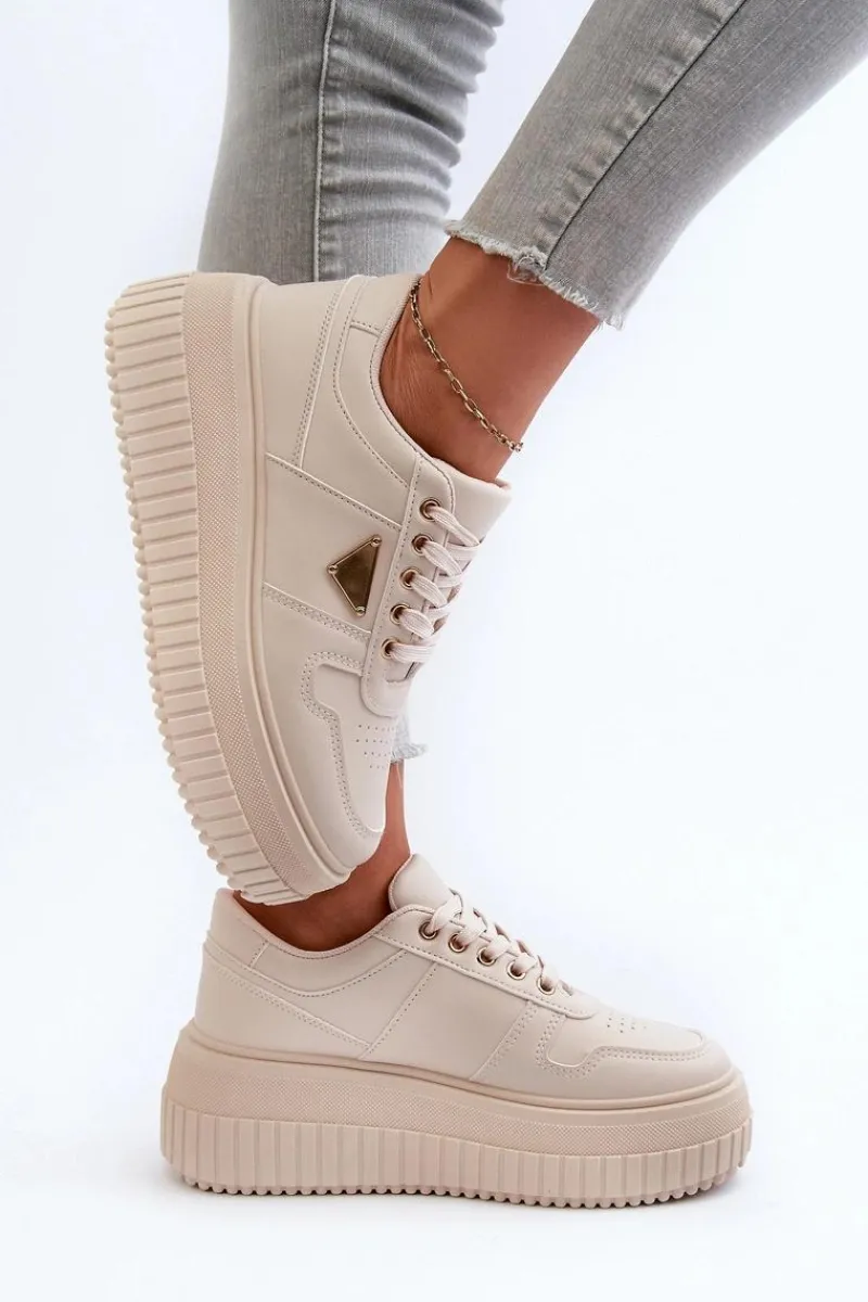 Sneakersy Damskie>Boto Sneakersy Damskie Z Eko Skóry Na Masywnej Platformie Jasnobeżowe Chrisstin