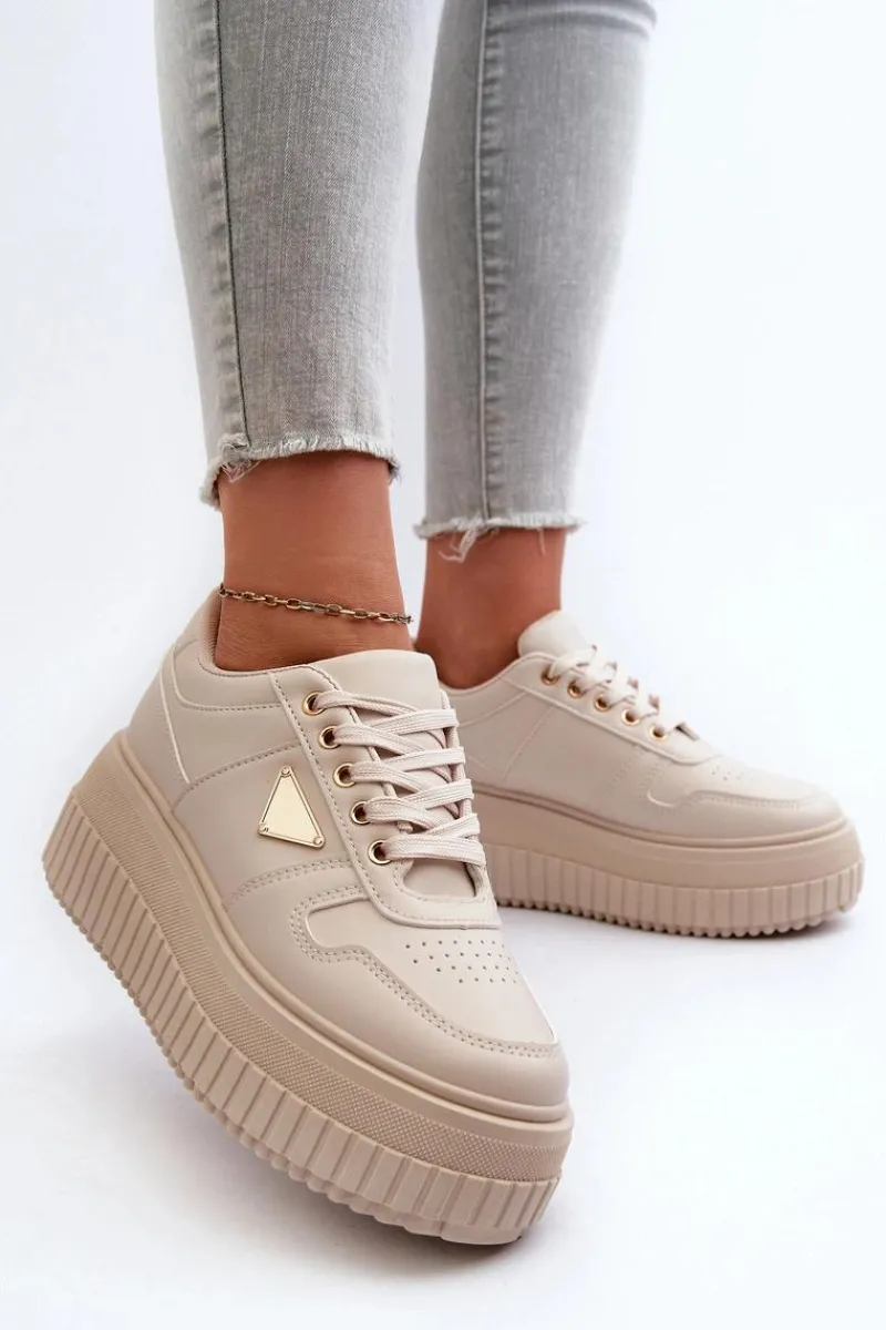 Sneakersy Damskie>Boto Sneakersy Damskie Z Eko Skóry Na Masywnej Platformie Jasnobeżowe Chrisstin