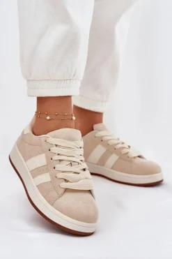 Sneakersy Damskie>Evento Sneakersy Damskie Z Eko Zamszu Beżowe Arlenina Beżowy