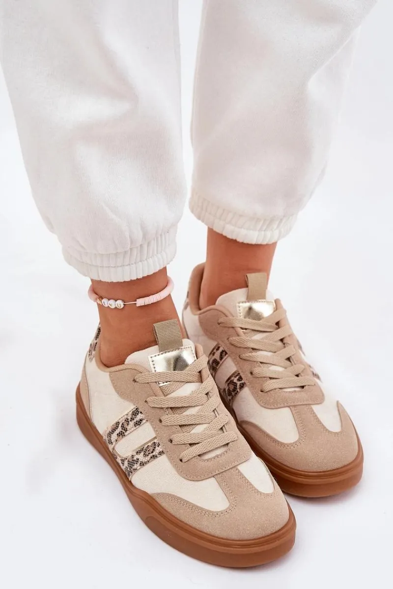 Discount Sneakersy Damskie Z Eko Zamszu Panterka Beżowe Satylies Damskie Buty Sportowe Na Platformie|Sneakersy Damskie