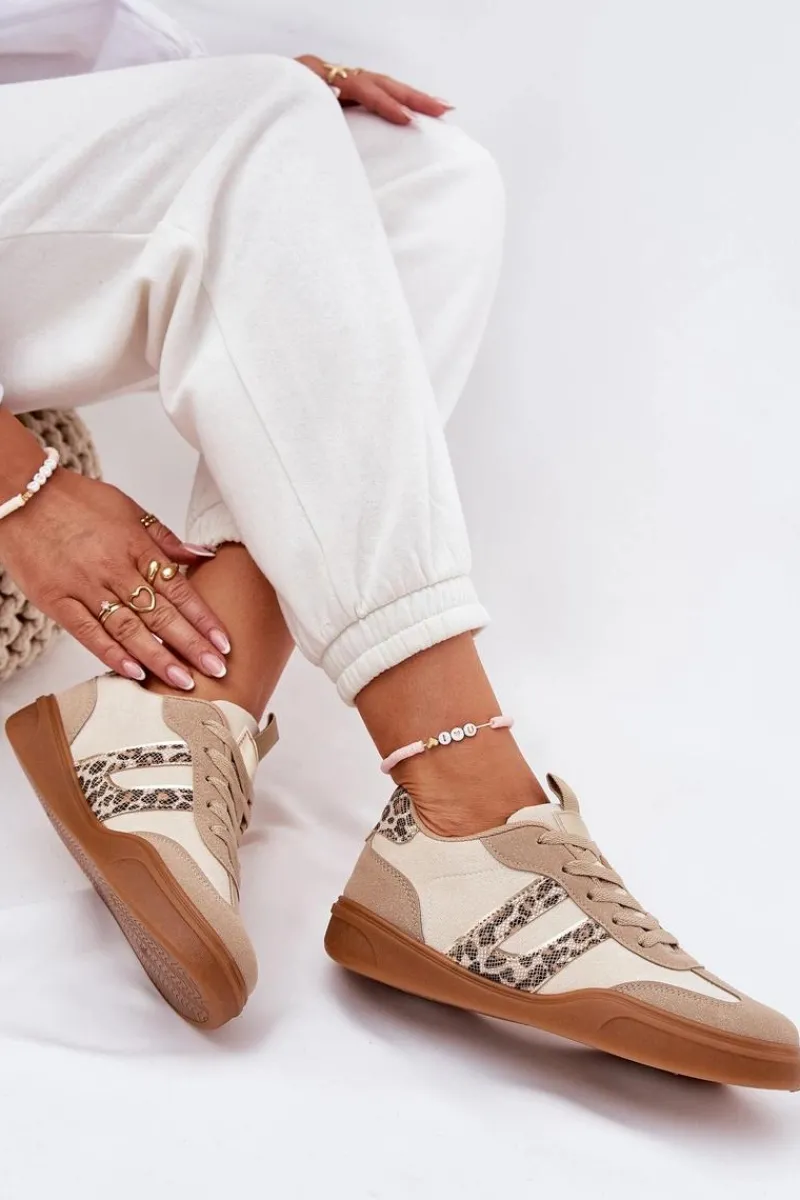 Discount Sneakersy Damskie Z Eko Zamszu Panterka Beżowe Satylies Damskie Buty Sportowe Na Platformie|Sneakersy Damskie