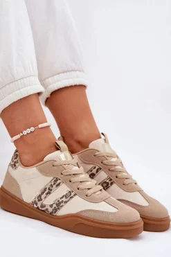 Discount Sneakersy Damskie Z Eko Zamszu Panterka Beżowe Satylies Damskie Buty Sportowe Na Platformie|Sneakersy Damskie