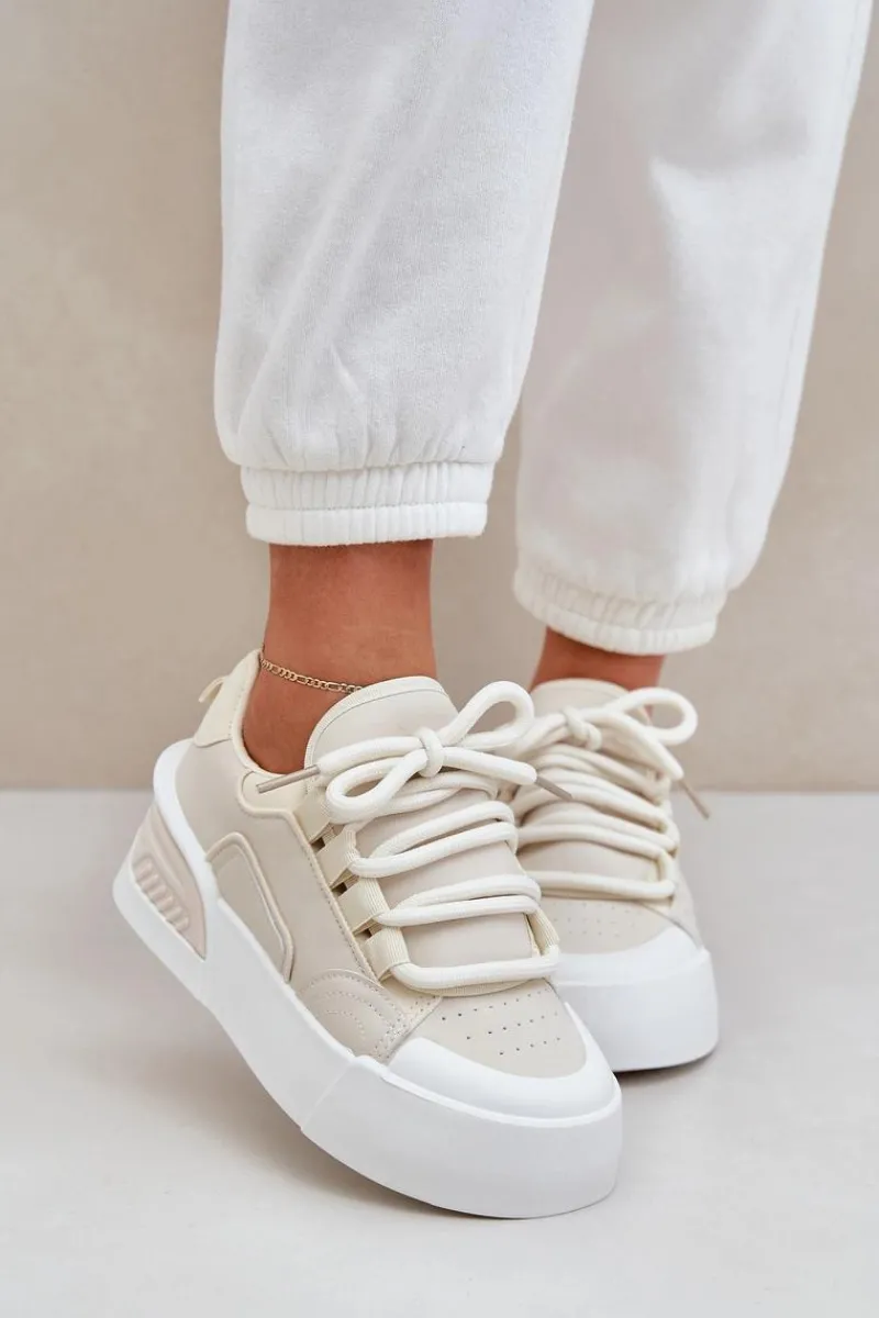 New Boto Sneakersy Damskie Z Grubymi Sznurówkami Na Platformie Beżowe Laloma