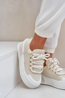New Boto Sneakersy Damskie Z Grubymi Sznurówkami Na Platformie Beżowe Laloma