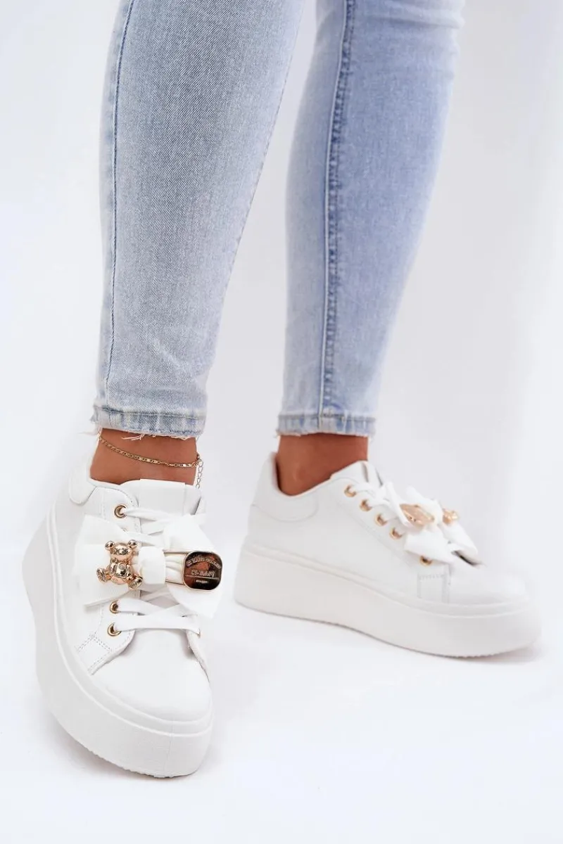 Online Sneakersy Damskie Z Kokardką I Broszką Z Misiem Białe Leathria Damskie Buty Sportowe Na Platformie|Sneakersy Damskie
