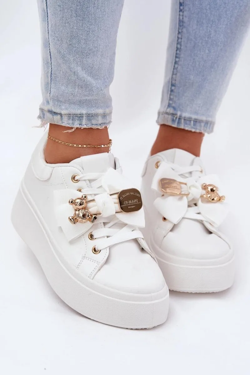 Online Sneakersy Damskie Z Kokardką I Broszką Z Misiem Białe Leathria Damskie Buty Sportowe Na Platformie|Sneakersy Damskie