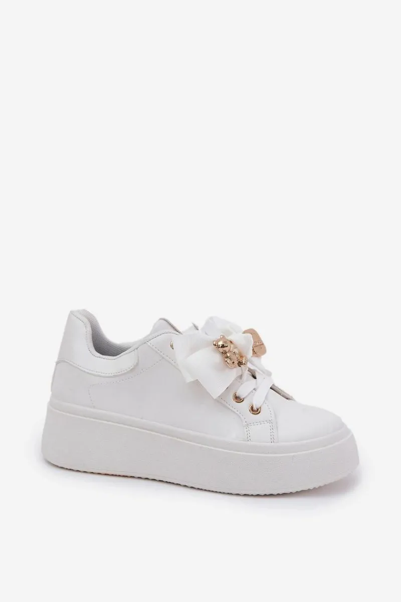 Online Sneakersy Damskie Z Kokardką I Broszką Z Misiem Białe Leathria Damskie Buty Sportowe Na Platformie|Sneakersy Damskie