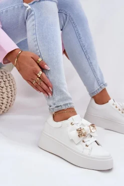 Online Sneakersy Damskie Z Kokardką I Broszką Z Misiem Białe Leathria Damskie Buty Sportowe Na Platformie|Sneakersy Damskie