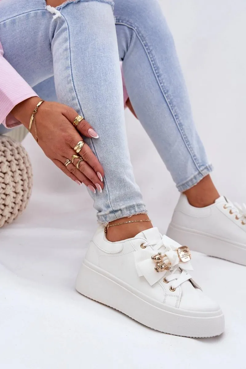 Online Sneakersy Damskie Z Kokardką I Broszką Z Misiem Białe Leathria Damskie Buty Sportowe Na Platformie|Sneakersy Damskie