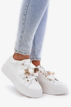 Online Sneakersy Damskie Z Kokardką I Broszką Z Misiem Białe Leathria Damskie Buty Sportowe Na Platformie|Sneakersy Damskie