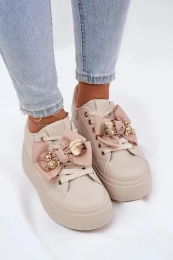 Online Boto Sneakersy Damskie Z Kokardką I Broszką Z Misiem Beżowe Leathria