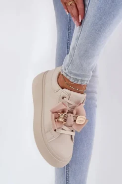 Online Boto Sneakersy Damskie Z Kokardką I Broszką Z Misiem Beżowe Leathria