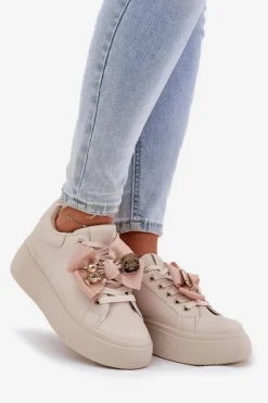 Online Boto Sneakersy Damskie Z Kokardką I Broszką Z Misiem Beżowe Leathria