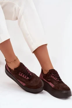 Sale Sneakersy Damskie Z Naturalnego Zamszu Na Platformie N1265S3 Czekoladowe Damskie Buty Sportowe Na Platformie|Sneakersy Damskie