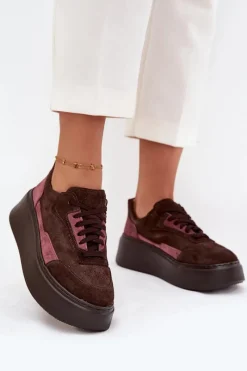 Sale Sneakersy Damskie Z Naturalnego Zamszu Na Platformie N1265S3 Czekoladowe Damskie Buty Sportowe Na Platformie|Sneakersy Damskie