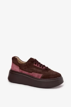 Sale Sneakersy Damskie Z Naturalnego Zamszu Na Platformie N1265S3 Czekoladowe Damskie Buty Sportowe Na Platformie|Sneakersy Damskie
