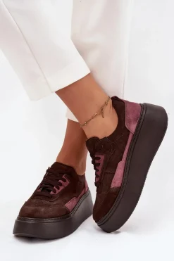 Sale Sneakersy Damskie Z Naturalnego Zamszu Na Platformie N1265S3 Czekoladowe Damskie Buty Sportowe Na Platformie|Sneakersy Damskie