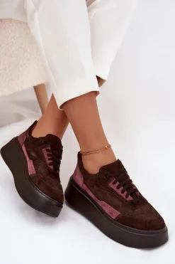 Sale Sneakersy Damskie Z Naturalnego Zamszu Na Platformie N1265S3 Czekoladowe Damskie Buty Sportowe Na Platformie|Sneakersy Damskie