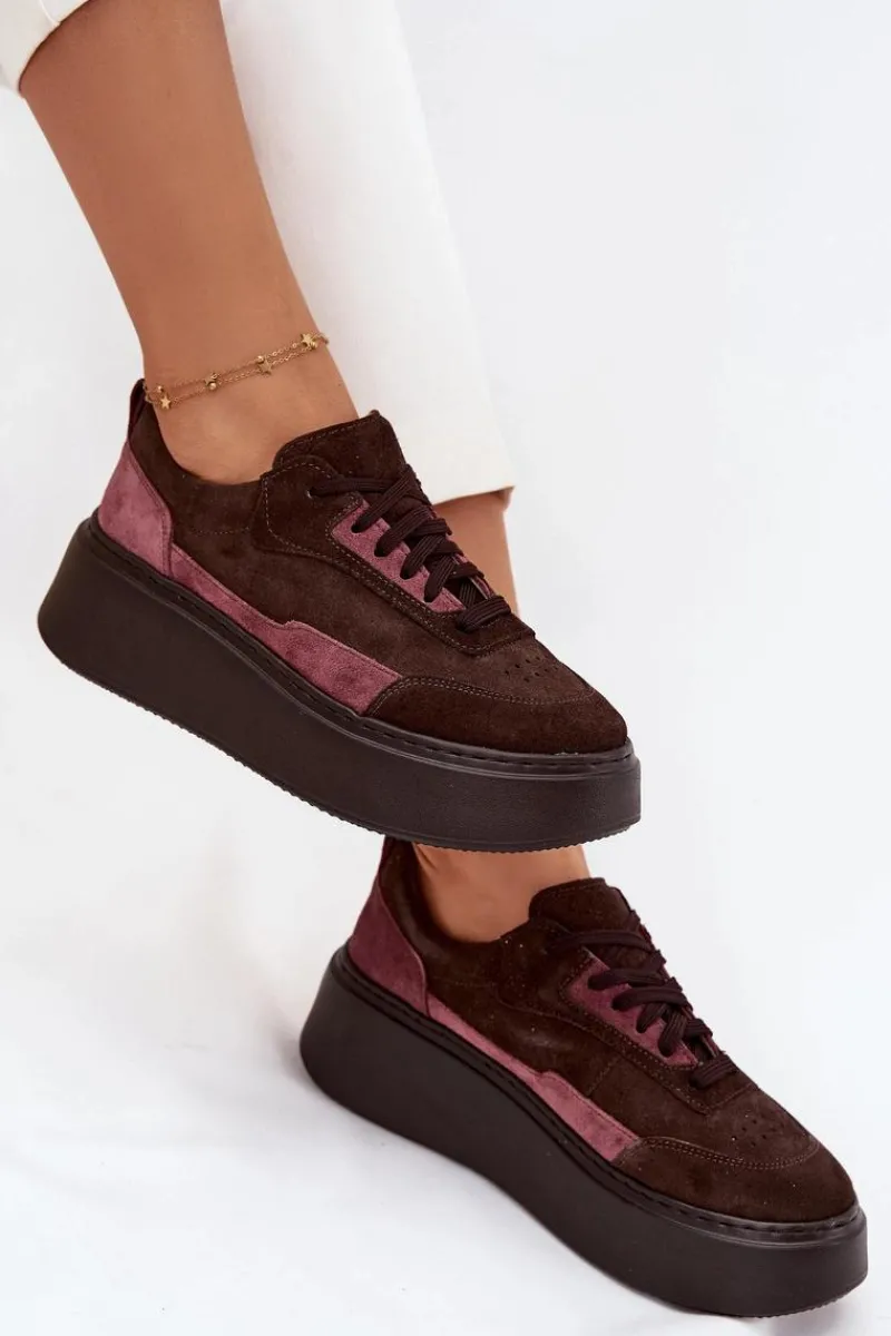 Sale Sneakersy Damskie Z Naturalnego Zamszu Na Platformie N1265S3 Czekoladowe Damskie Buty Sportowe Na Platformie|Sneakersy Damskie